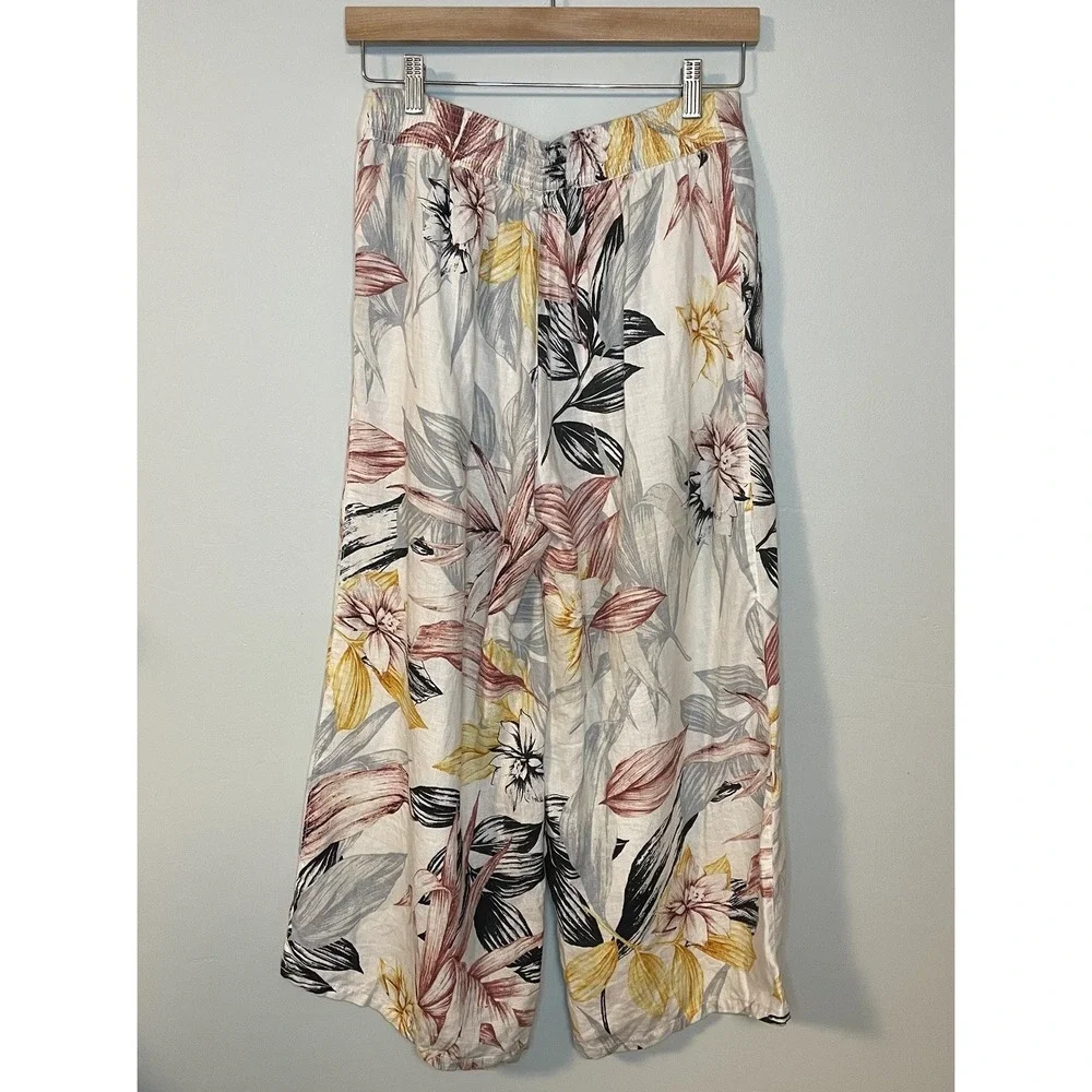 C&C California‎ Womens Sz Small 100% LINEN Floral Cropped Wide Leg Pants Trouser